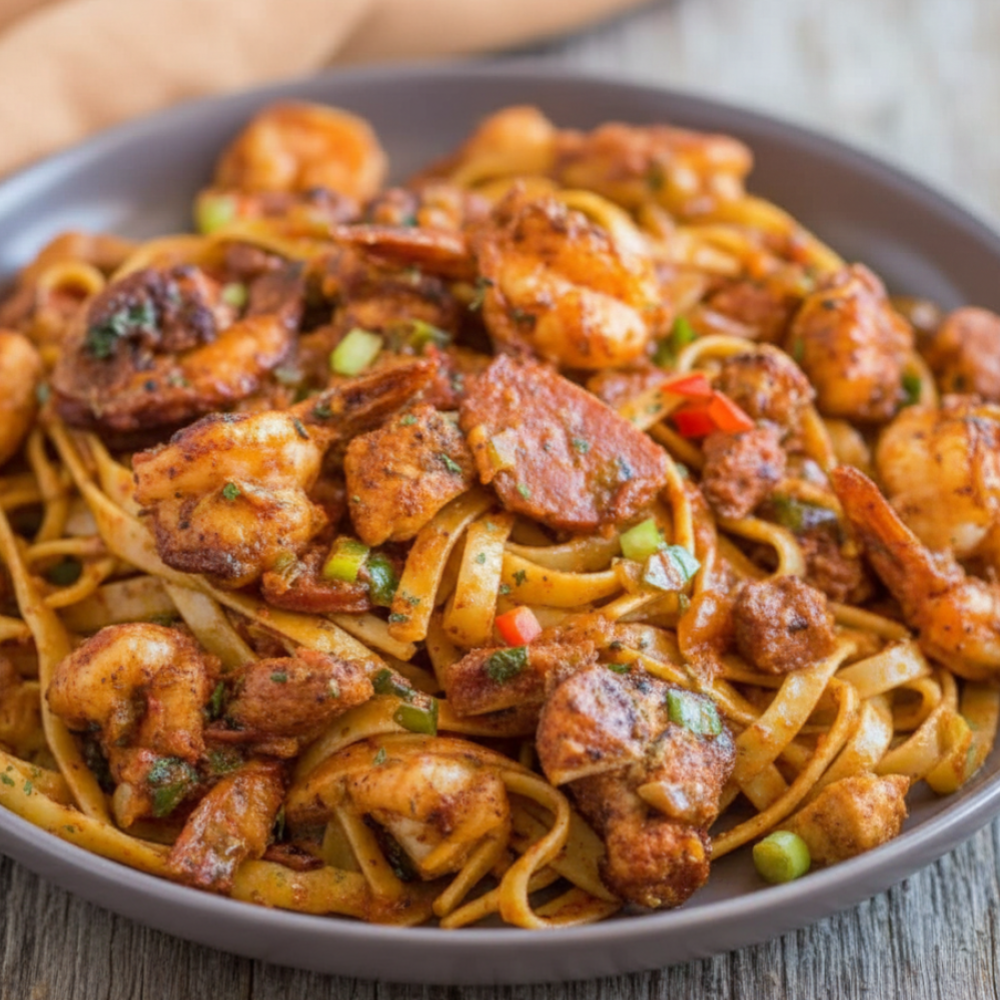 Easy Cajun Jambalaya Pasta with Shrimp & Beef Sausage