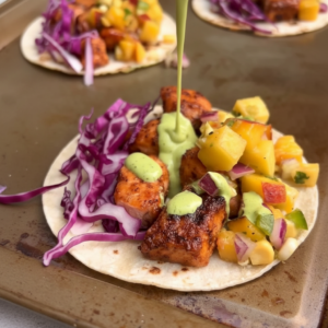 Spicy Baked Fish Tacos with Peach Salsa
