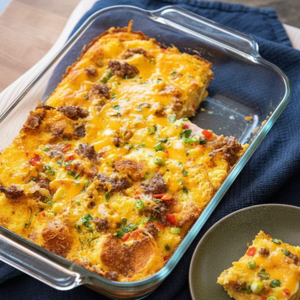 Hearty Leftover Cornbread Breakfast Casserole with Beef