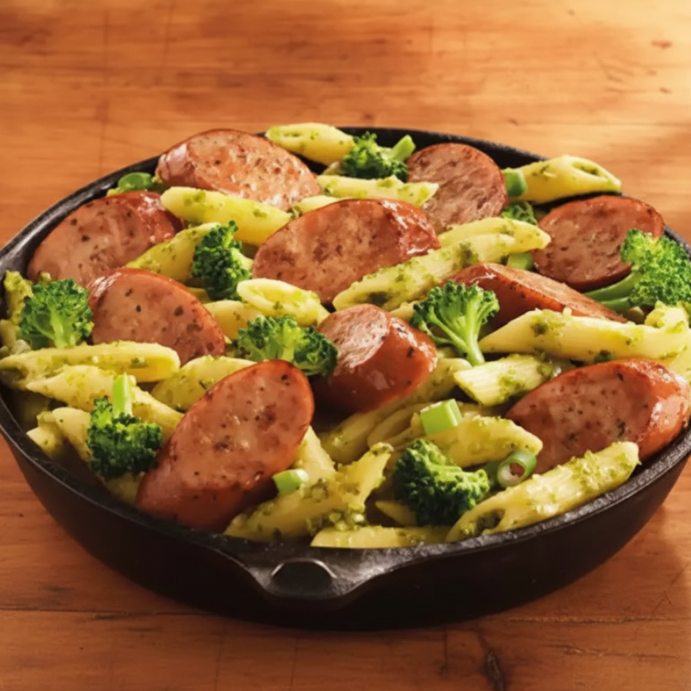 30-Minute Pesto Penne with Beef Sausage and Broccoli
